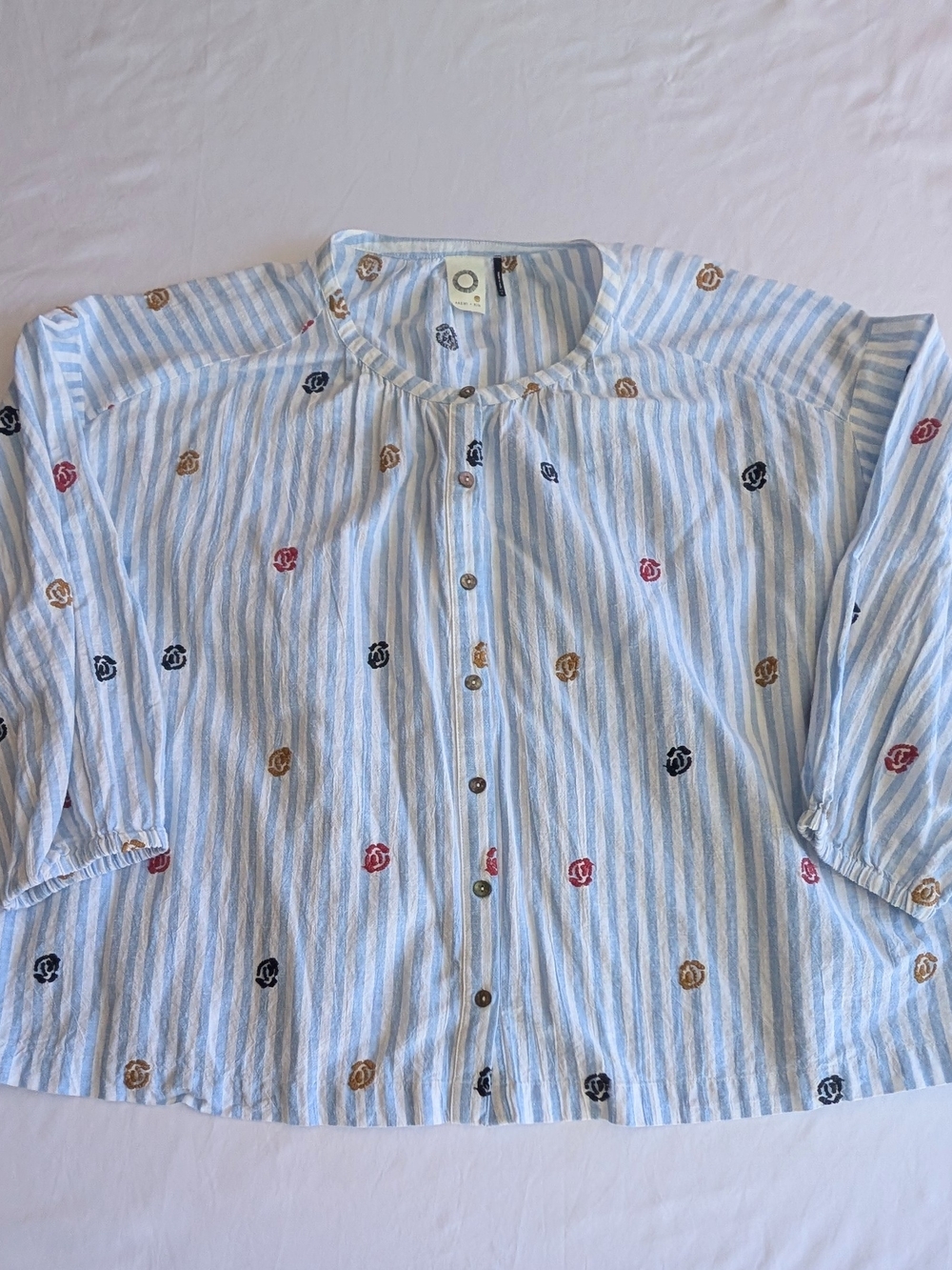 Lightweight Peasant Linen Blue Striped Blouse with Embroidered Rosettes